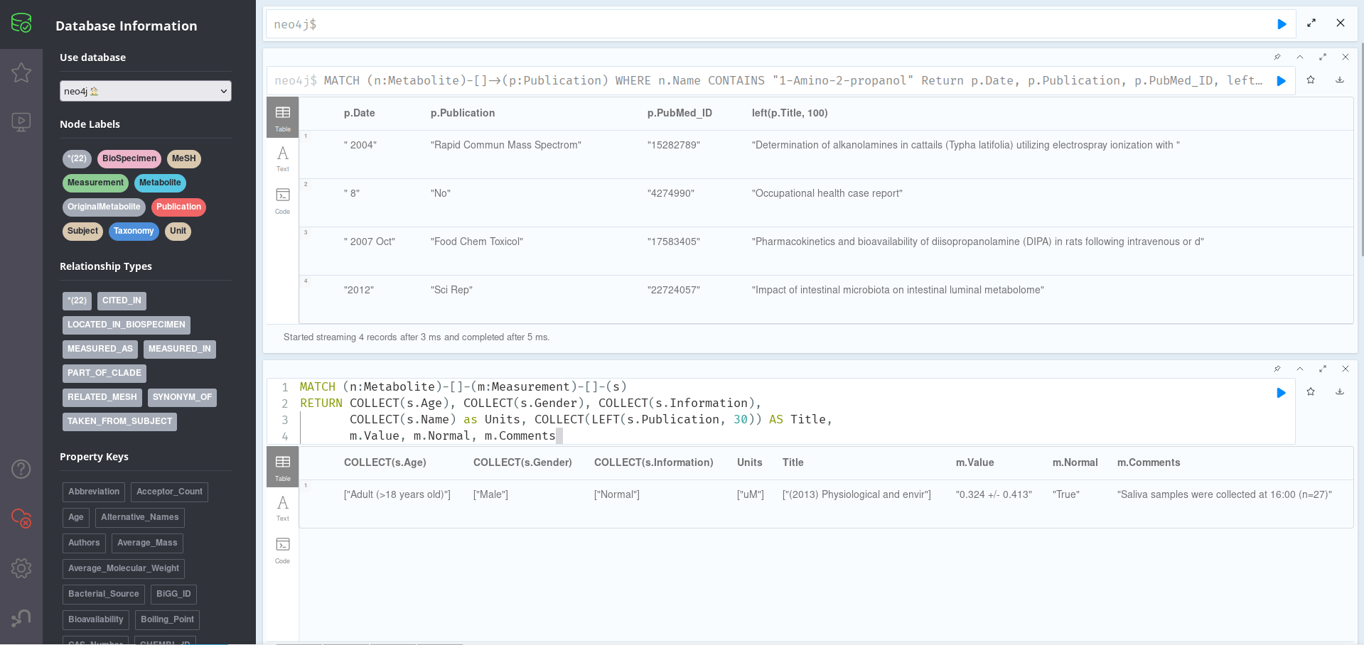 Neo4J Browser showing the first two sample queries: info about publications on top, and info on measurements below