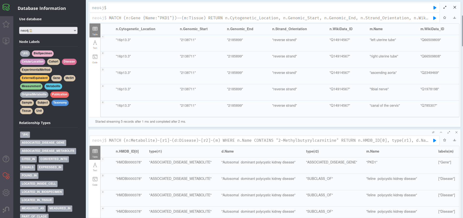 Neo4J Browser showing the first two sample queries: info about publications on top, and info on bodily locations below